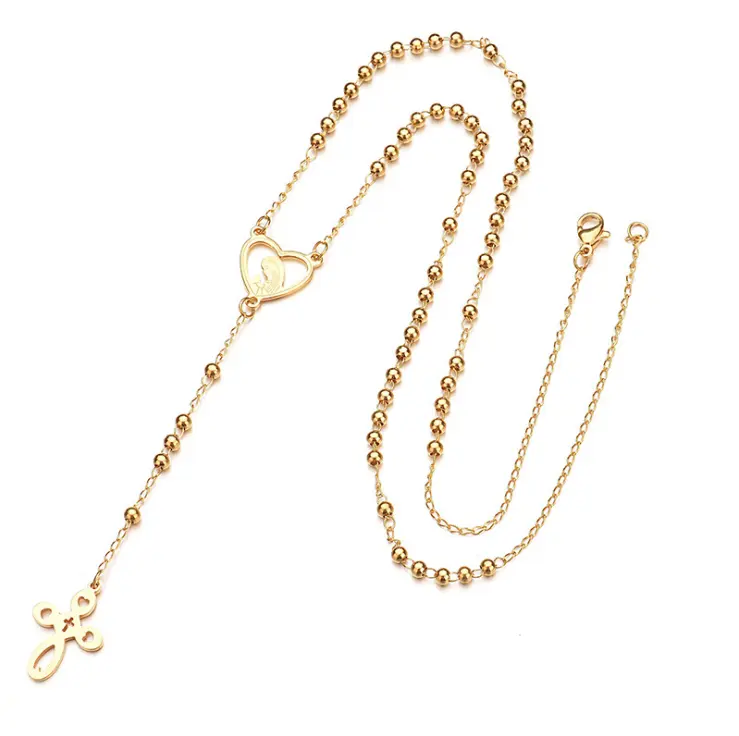 18K Vergulde Maagdelijke Mary Jesus Kruis Rozenkrans Roestvrij Staal Charme Hanger Bal Ketting Ketting Katholieke Western Sieraden