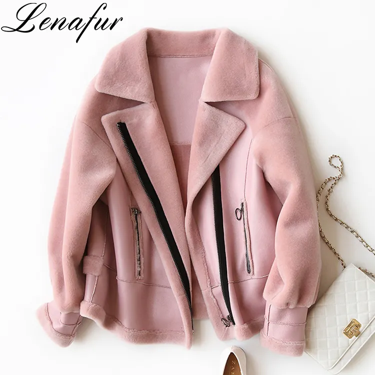 5Colors 4Sizes Young Girl Street Fashion Casual Lamb Fur Sheepskin Leather Shearling Bomber Jacket
