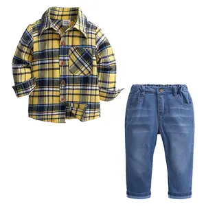 2019 Autumn fashion clothes baby boys long sleeve yellow plaid shirt and suspender jeans 2 pcs set for 1-7 years old