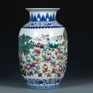 Jarrón de porcelana azul y blanca para niños reproducción antigua ming, diseño de cien jugando