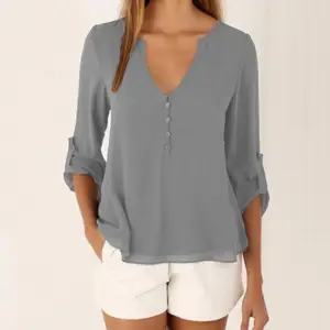 Neueste Fancy Elegant Frauen V-Ausschnitt Bluse Sommer Langarm Chiffon Tops und Blusen