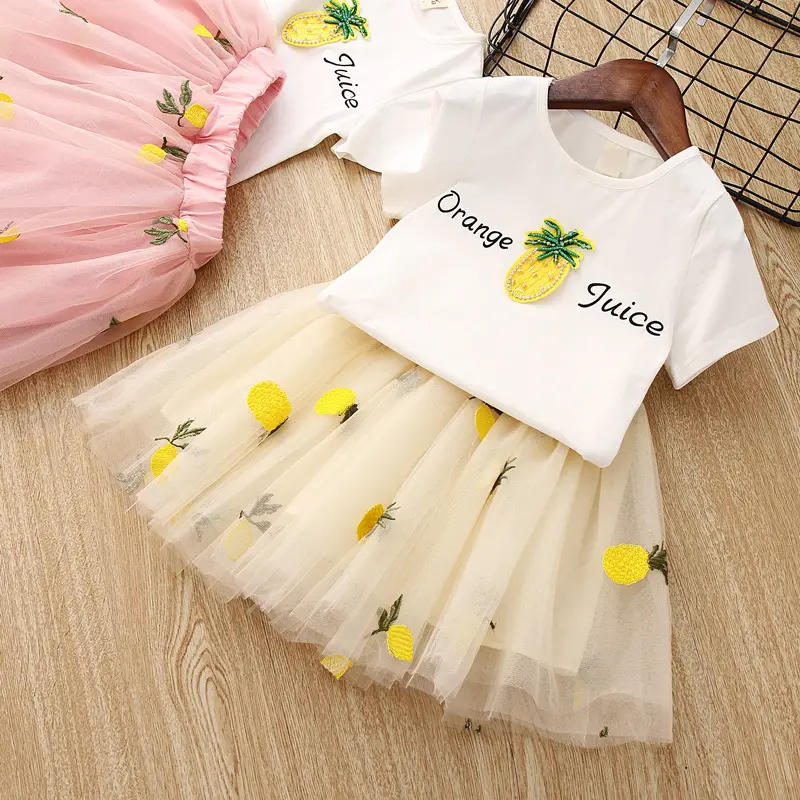 Short Sleeve Floral Shirts Girl Pineapple T-shirt Pineapple embroidered skirts 2pcs Sets Bulk Wholesale For Kids Clothing