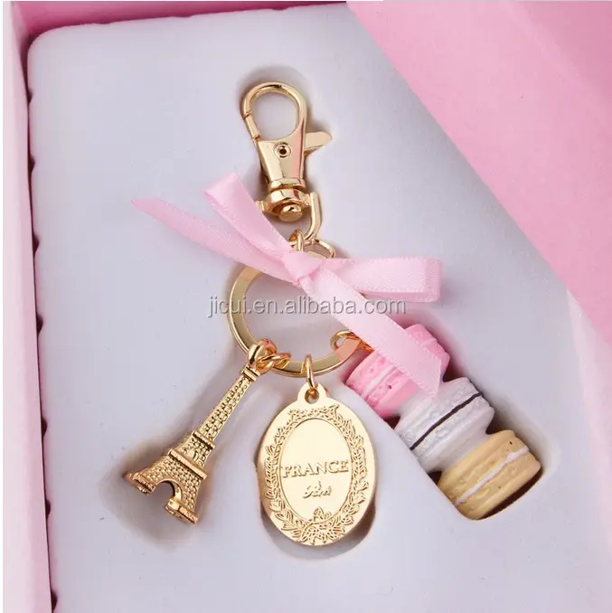 Hoge quanlity fashion sleutelhanger boetiek in Parijs, frankrijk Eiffeltoren cake instroom van goederen macarons metalen sleutelhanger met doos