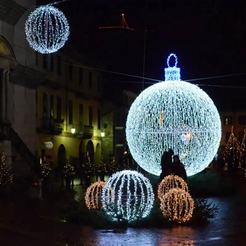 Outdoor hanging LED Christmas balls sculptures 3D giant light spheres for street decoration