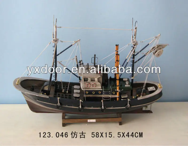 Model Kapal Pancing Eropa Antik/Panjang 60Cm/Model Perahu Kayu, Seni Rumah Gaya Lama