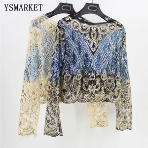 Bling şeffaf vücut kırpma üst Blusas Feminina dantel örgü uzun kollu çiçek nakış pullu boncuk kadınlar gömlek bluz üst E56