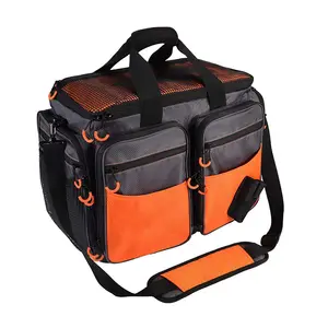 タックルボックストレイ用の1つの大きなメインコンパートメントを備えた頑丈なミディアムオレンジフィッシングタックルバッグ