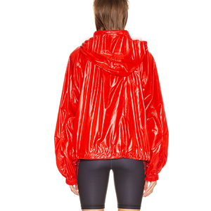 Nouvelle conception en similicuir, <span class=keywords><strong>veste</strong></span> coupe-vent décontractée en vinyle <span class=keywords><strong>rouge</strong></span> à épaules tombantes, capuche en option, pour femmes - Product Image 5