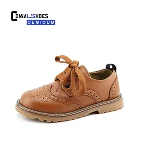 Connal estilo moda meninos marrom brogues sapatos de couro genuíno plana