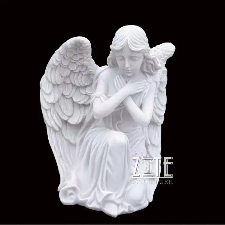 クラシックエレガント等身大崇拝ひざまずく大理石の天使クロスアーム彫刻