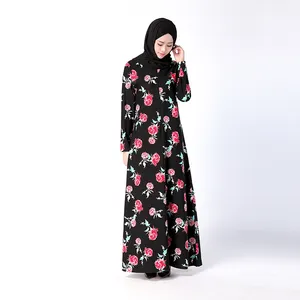 レッドローズ柄イスラムドレスアバヤ2016ドバイ最新イスラムデザインjubah魅力的なロングイスラムドレス