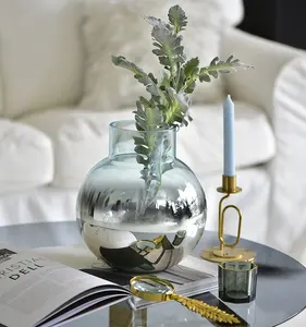 Bixuan 花瓶光蓝色手工玻璃插花芽花瓶镜像银色装饰桌核心口音 20.5x 22厘米