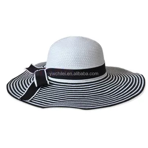 Straw Bowknot Roll up Stripe Large Wide Brim Floppy Caps