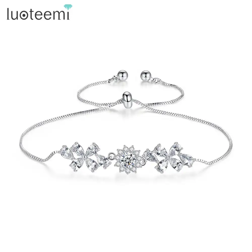 LUOTEEMI Cubic Zirconia Flower Bolo Pull String Bracelet Femme Bangles