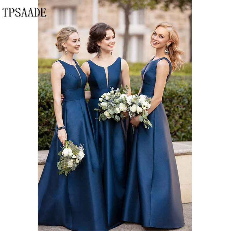 Custom Design Simple Satin Scoop Neckline Royal Blue Bridesmaid Dress WF104