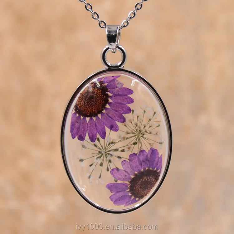 Natural real pressed flower resin metal long chain pendant necklace