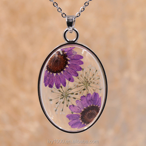 Natural Real <strong>Pressed</strong> <strong>Flower</strong> Resin Metal Long Chain Pendant <strong>Necklace</strong> - Product Image 1