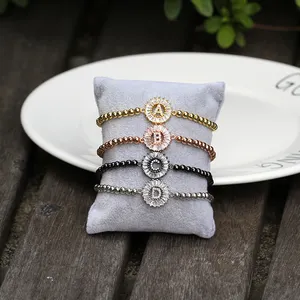 4Mm Chữ Cái Viết Tắt Knit Cubic Zircon Kết Nối Charm Brass Hạt Vòng Tay Điều Chỉnh Cho Phụ Nữ Stretch Bracelet