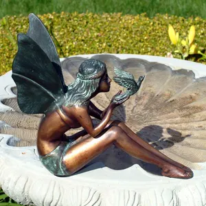 Wholesale garden decorative bronze winged fairy and bird sculpture