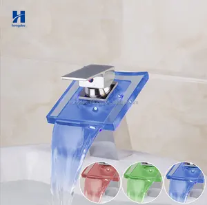Glas Wasserfall Becken Bad Wasserhahn LED Batterie Messing Waschbecken Wasserhähne