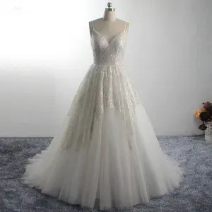 Lz297 vestido de noiva com glitter, alças espaguete, luxo, frisado, de casamento, com cristal, lantejoulas
