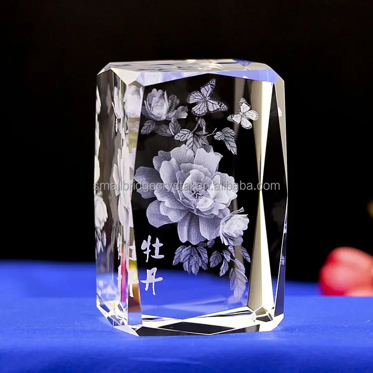 Nieuwe Product Pioen Crystal Cube 3d Gegraveerd Kristal Ambachten Voor Geschenken