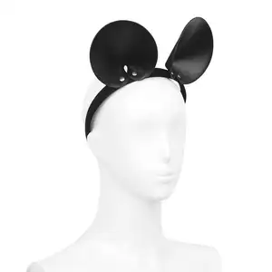 Leather black bondage hood mask with Mickey Mouse ears for slave play or restrains