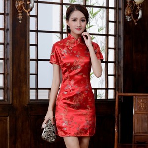 Nuovo Abito Cheongsam Qipao da Donna a Maniche Corte, <span class=keywords><strong>Sexy</strong></span>, <span class=keywords><strong>Rosso</strong></span>, Ecologico, con Vita Naturale e Ricamo Floreale - Product Image 4