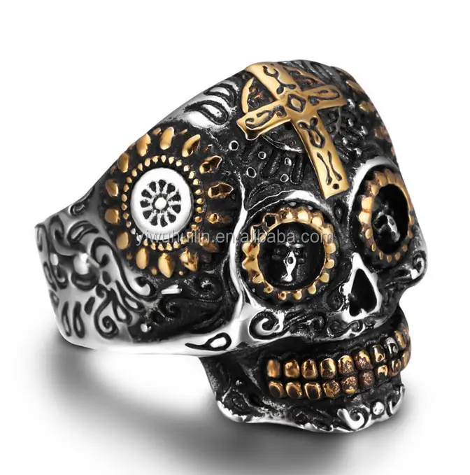 KL004 Vintage Jewelry Antique Silver Cross male ring punk skull stainless steel men's ring jewelry