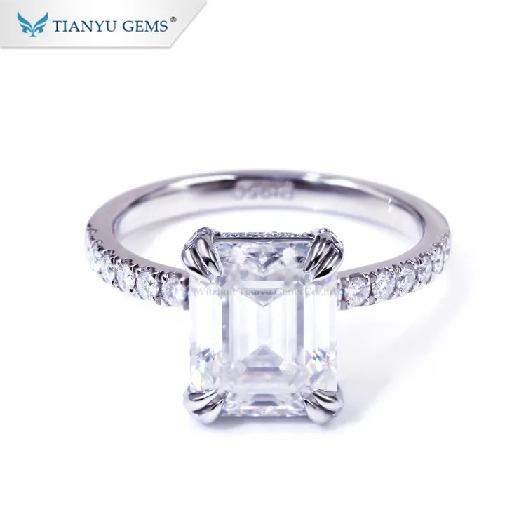 Tianyu gems custom emerald cut moissanite belangrijkste steen 8*10mm 18 k white gold synthese diamanten ringen