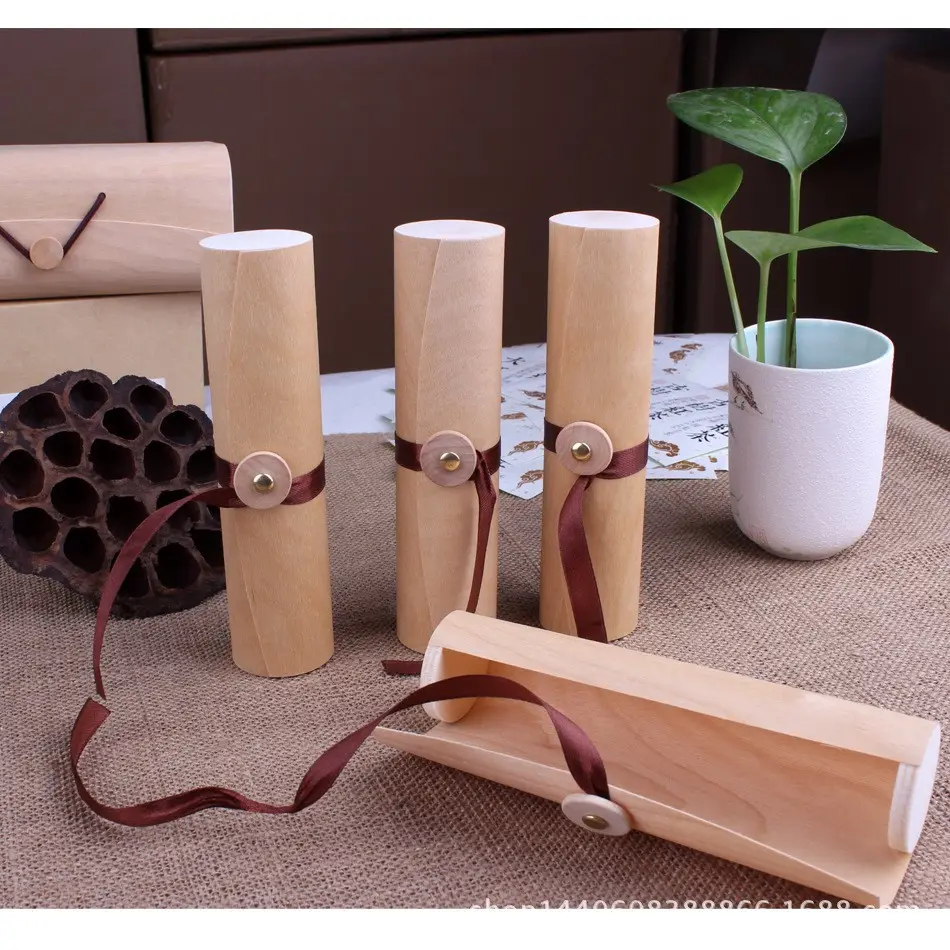 Boîte d'emballage en bois d'écorce douce de placage de bouleau de tube rond pour bouteille de vin de cadeau