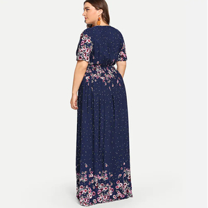 <span class=keywords><strong>Robe</strong></span> Maxi style bohème pour femmes, grande <span class=keywords><strong>taille</strong></span>, col en v, <span class=keywords><strong>taille</strong></span> haute, imprimé Floral bleu marine, collection - Product Image 4
