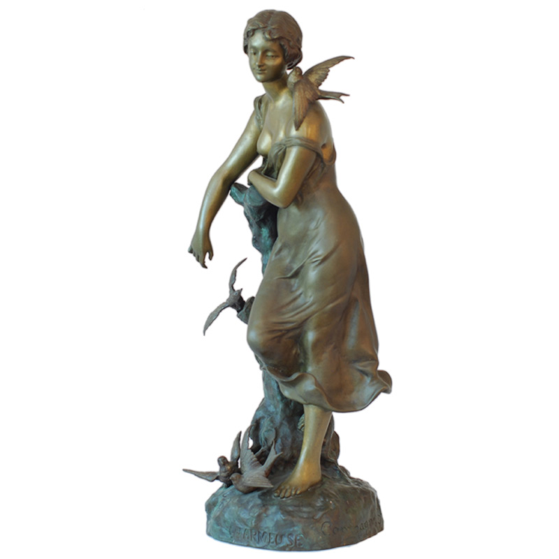 Life Size Bronze Girl And Birds Statue Metal Female Figure Garden Sculpture