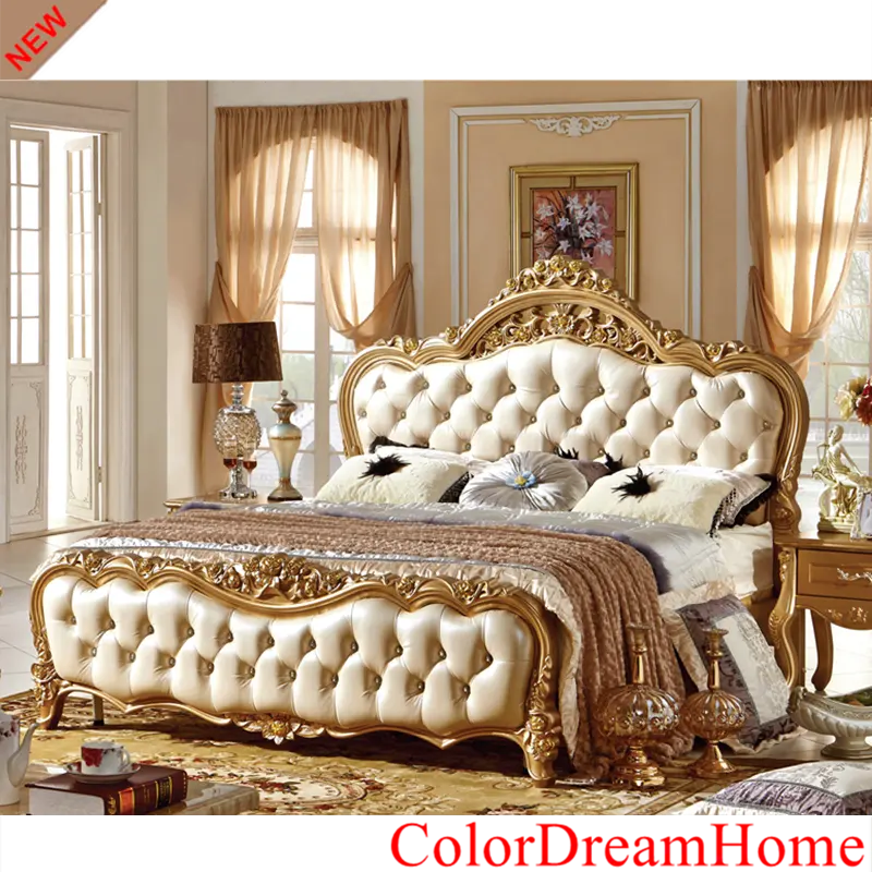 Luxury Antique Home Phòng Ngủ Nội Thất Phong Cách Pháp Giường Gỗ Rắn Cổ Điển Màu Vàng Giường