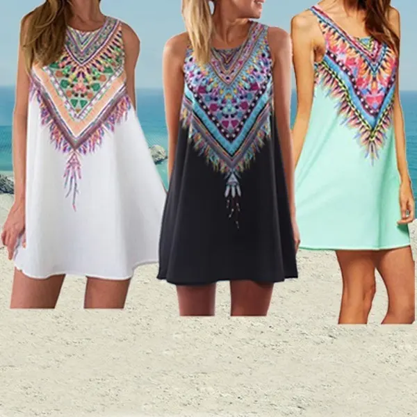 Zomer India Etnische Vrouwen Jurken Losse Mouwloze Nationale Stijl Bloemen Gedrukt Mini Jurk Vintage Hippie Boho Beachwear