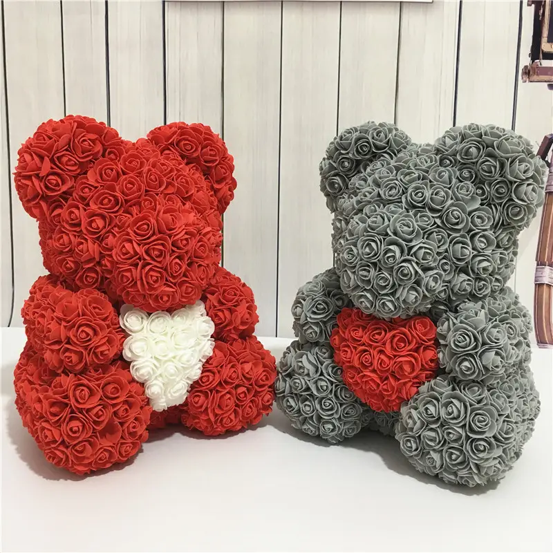 Cinta Murni Beruang Mawar Merah Memegang Hati Putih Harus Memiliki 2019 Bunga Buatan PE Mawar Mainan Buatan Tangan Luxe Hadiah 40Cm