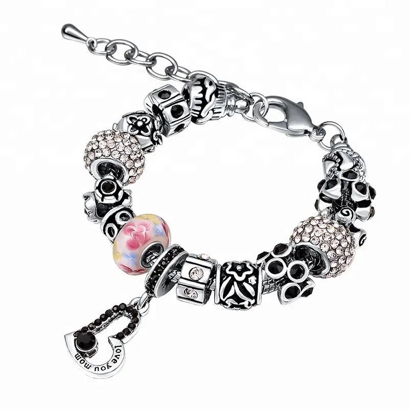 The Pink Crystal Charm Bracelet Bangle Woman With Safety Silver Chain Chamilia Beads