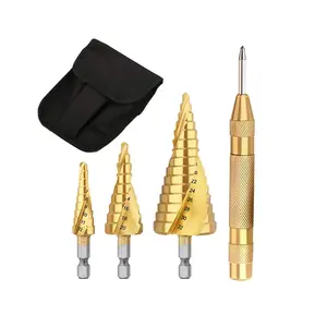 3 Pcs Metric Hex Gambo A Spirale Flauto Titanio HSS Step Drill Bit Set con Automatico Pugno in Sacchetto di Nylon