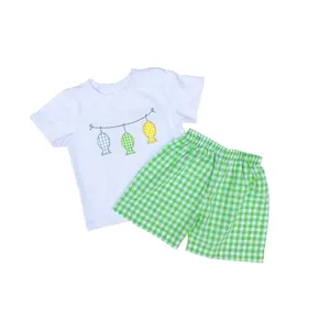 little boys fish applique summer outfit wholesale toddler boutique clothes set fishing lure smocked kids boy clothing