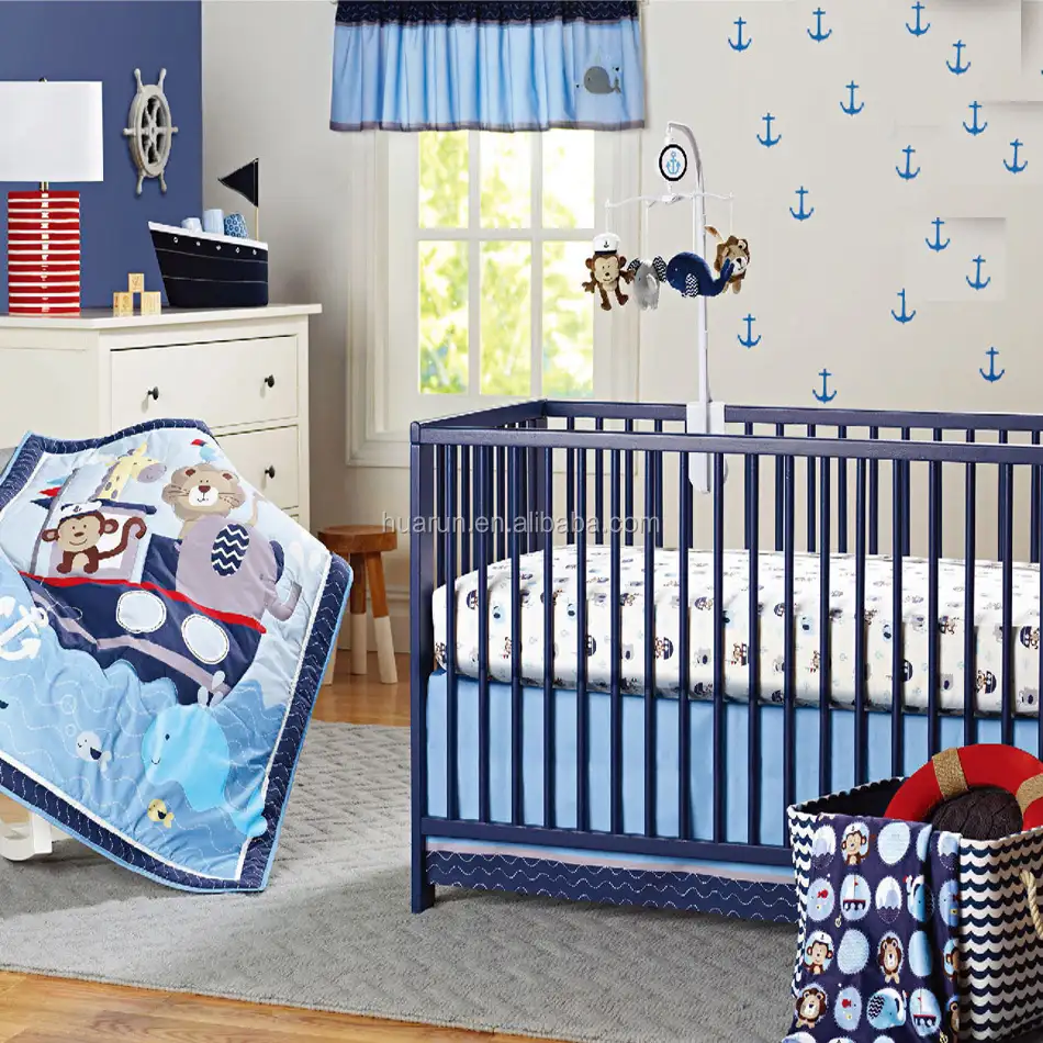 Blauw Navigeren Boy Crib Bedding Set Cot Beddengoed Baby Dekbed Set Dier Reis Kwekerij Bed Set