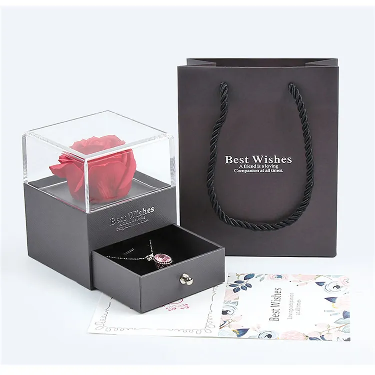 luxury acrylic soap preserved rose flower black valentine's day gift packaging with drawer for jewelry