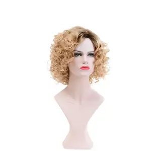 Sell like hot side golden yellow heat resisting synthesis fleeciness curls wave head type wig for euramerican woman