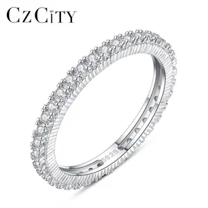 CZCITY Round Cubic Zircon Rings 925 Sterling Silver Fashion CZ Finger Rings Single Band Full of CZ