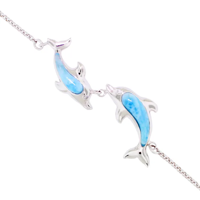 925 Sterling Silver Dolphin Jewelry Blue Natural Larimar Stone Sea Life Dolphin Bracelet