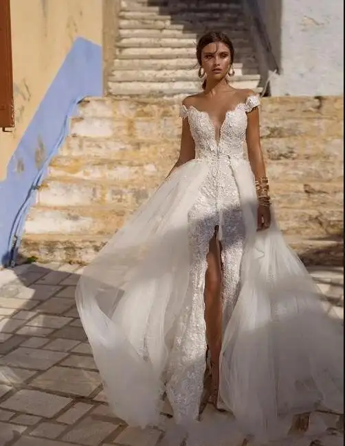 Sexy Middle East Civil Removable Tulle Overskirt Leg Open Wedding Dress