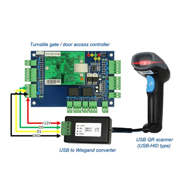 CE USB (dispositif d'interface humaine) au convertisseur Wiegand 26/34/66 se connecte au scanner de codes à barres USB et au contrôleur d'accès wiegand