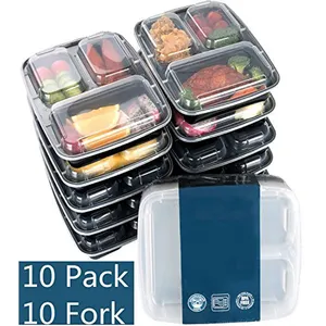 [10 पैक] भोजन प्रस्तुत करने का कंटेनरों 3 डिब्बे-खाद्य Lids के साथ प्रस्तुत करने का कंटेनर/Bento लंच बॉक्स कंटेनर + 10 Sporks, माइक्रोवेव