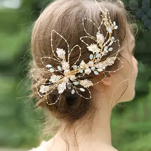 Bridal bloemen haar wijnstok handgemaakte light blue stone hoofddeksel wedding jeweled haar clips