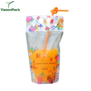 Reusable Pet Packaging Cold Drink Water Juice Plastic Stand Up Pouch Bag With Straw Hole
