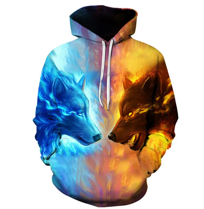 Low MOQ Fashion Sublimation Hoodies Custom Logo Design Wolf Pattern 3D Printed Unisex Hoodies